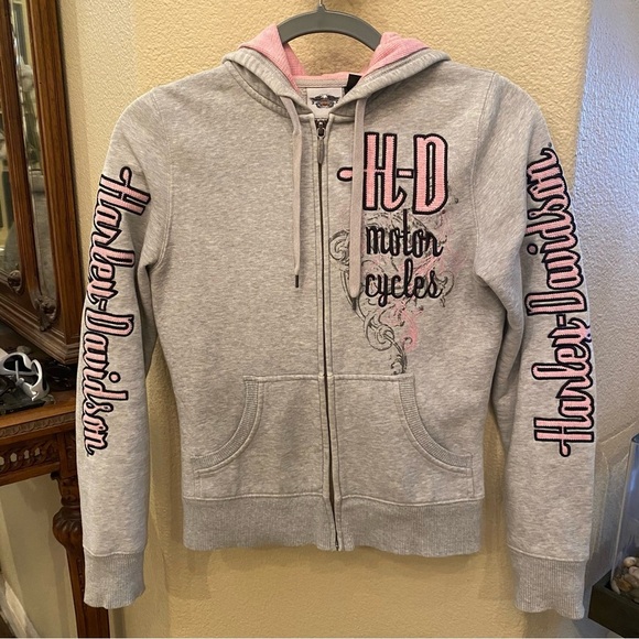 SOLD!! HARLEY-DAVIDSON Gray Pink Zipped Hoodie Jacket Size Small - Picture 1 of 11